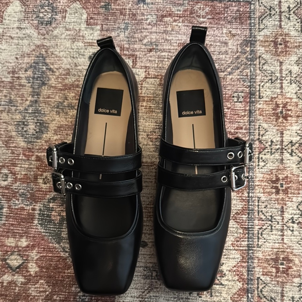 Dolce Vita Black Leather Flats with Buckle Detail